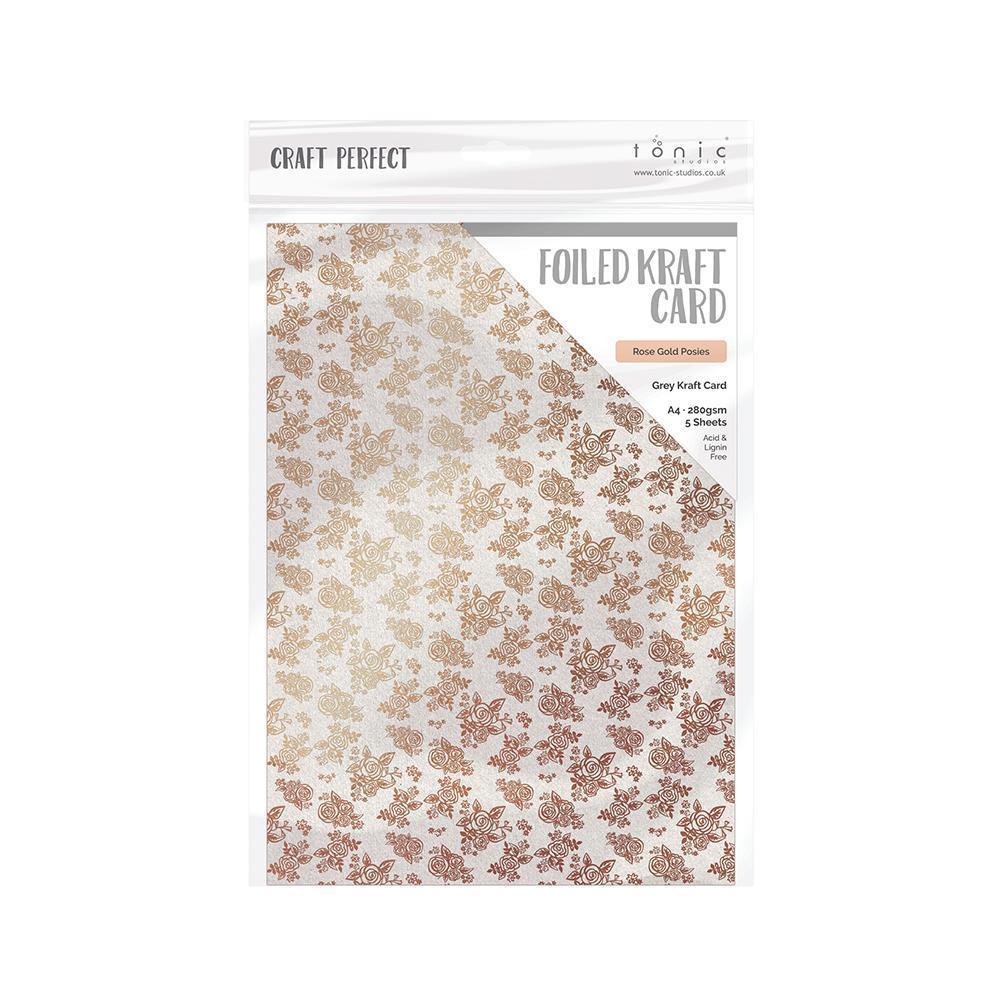 Craft Perfect - Foiled Kraft Card A4 - Rose Gold Posies (5/pk) - 9349e